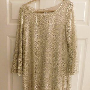 BEIGE LACE KNEE LENGTH BELL SLEEVE DRESS LINED SZ M